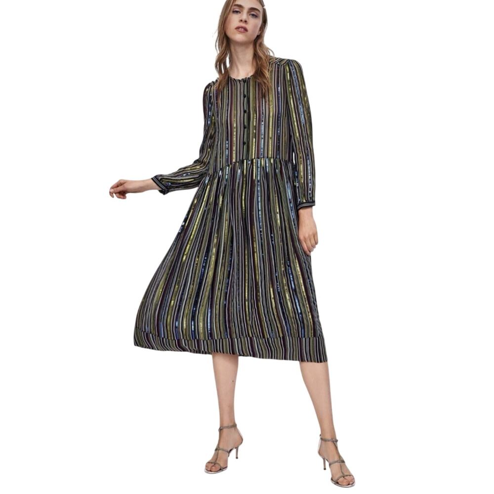 Zara Sequin Striped Metallic Midi Dress Drop Waist Large Maximalist Dopamine